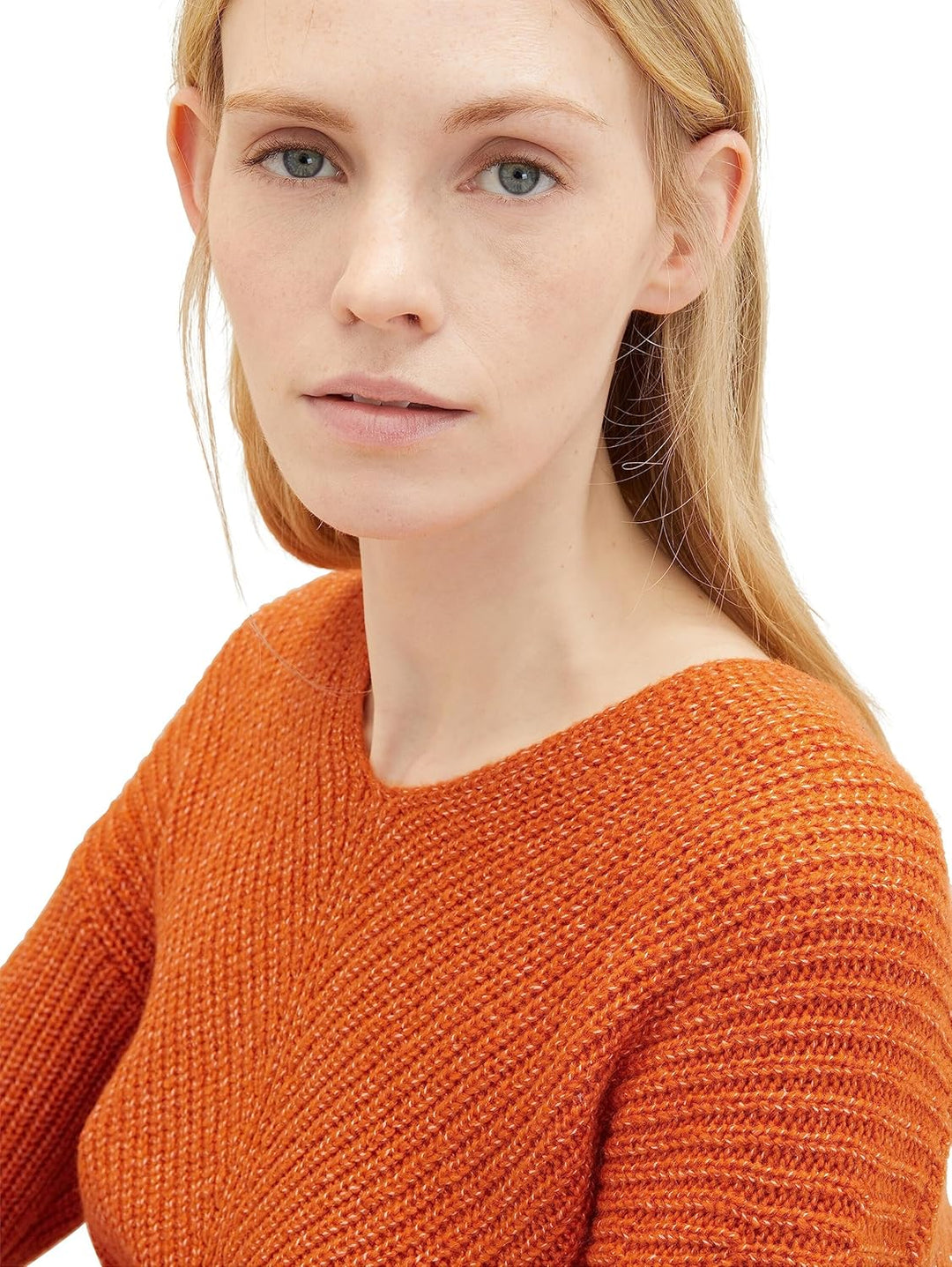 TOM TAILOR Damen Basic Pullover mit V-Ausschnitt XL 32403-gold Flame Orange Melange, XL 32403-gold F
