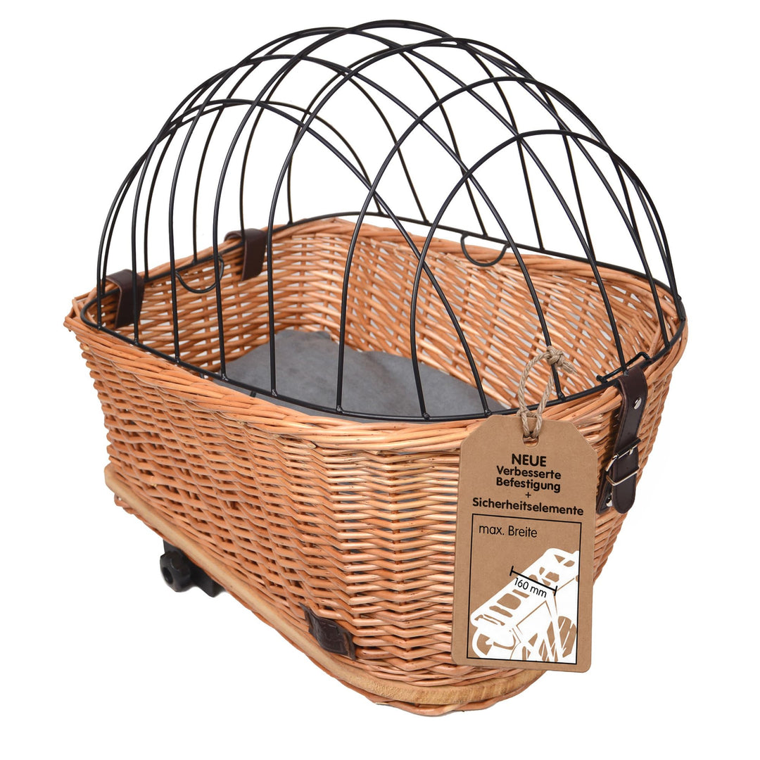 UNUS Hundefahrradkorb für Gepäckträger aus Weide Fahrradkorb mit Gitterabdeckung und Kissen 47x29x34