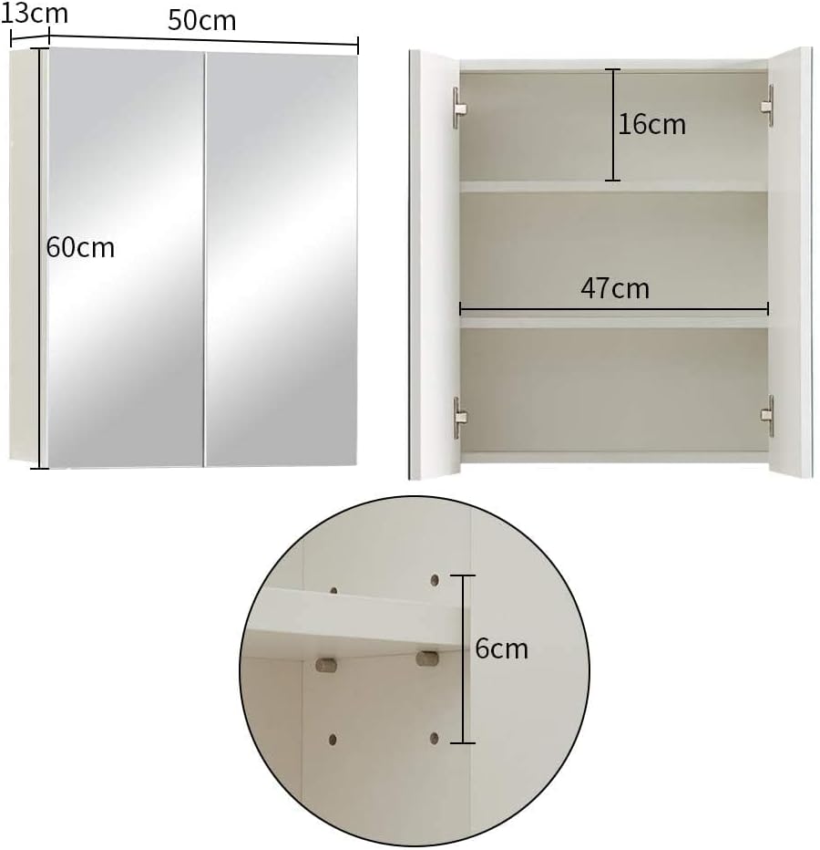 CLIPOP Badezimmer Spiegelschrank, Wandmontage Badezimmerschrank mit 2 Spiegeltüren und verstellbaren