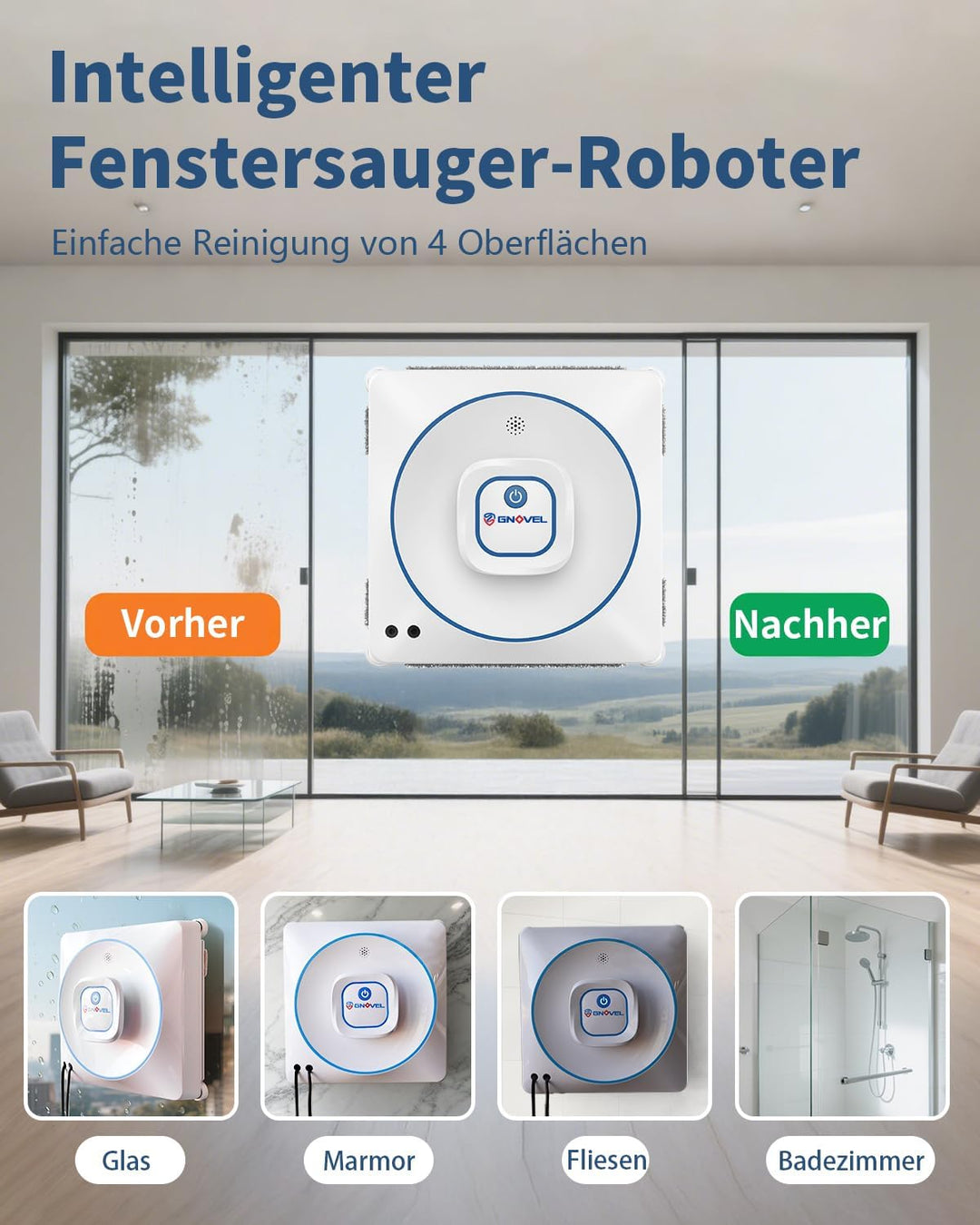 Fensterreiniger Robobot mit 8000Pa Saugkraft, 15-fach Anti-Absturz System, 4 Reinigungsmodi und Auto