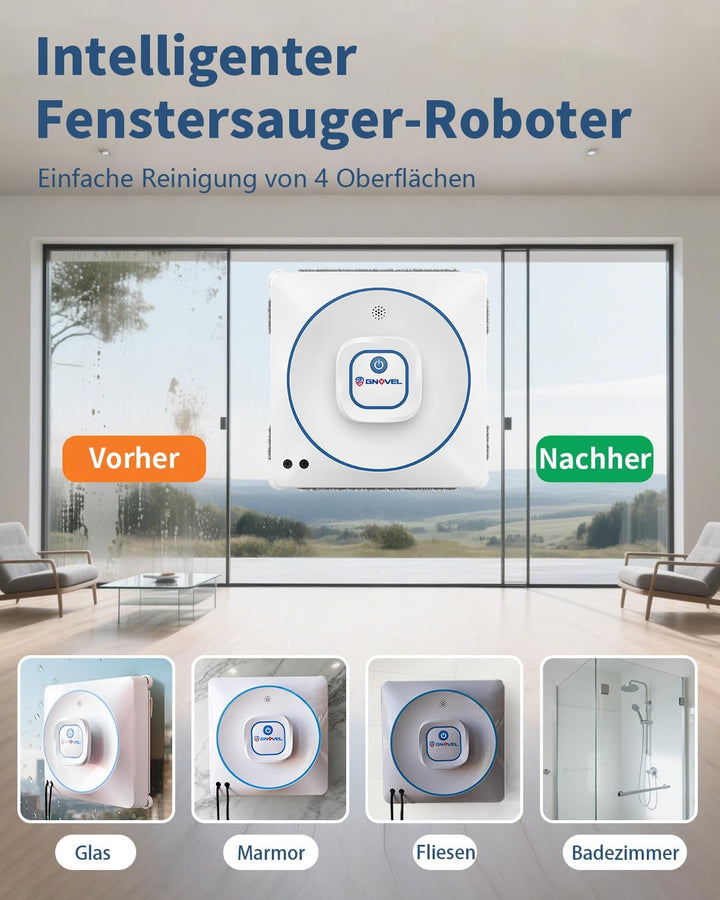 Fensterreiniger Robobot mit 8000Pa Saugkraft, 15-fach Anti-Absturz System, 4 Reinigungsmodi und Auto