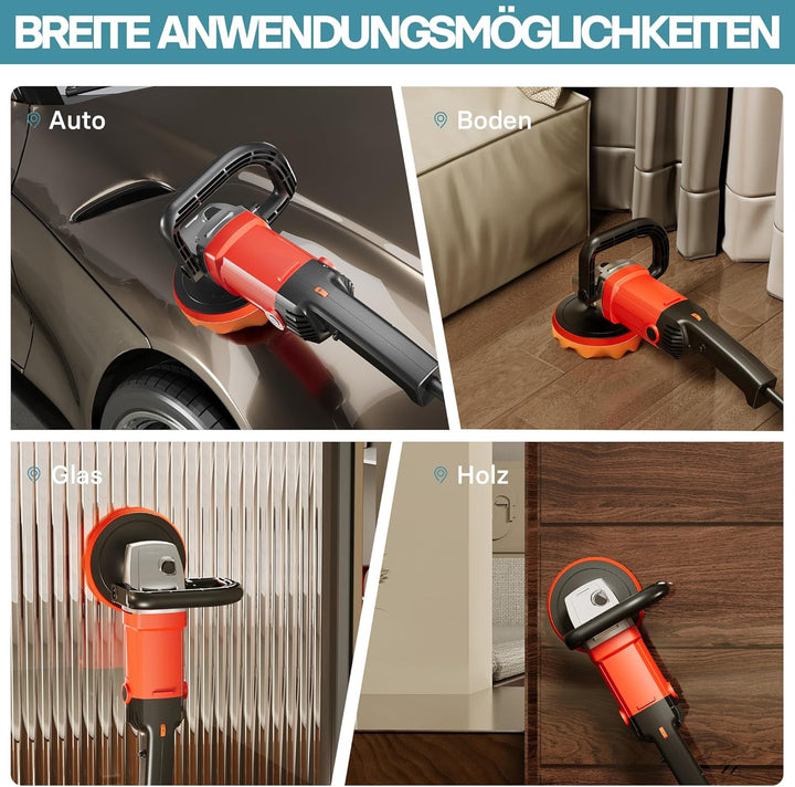 Wiltec Auto Poliermaschine Schleifmaschine 1200W bis 3000 U/min, Poliergerät mit 6 Stufen, mit Zubeh