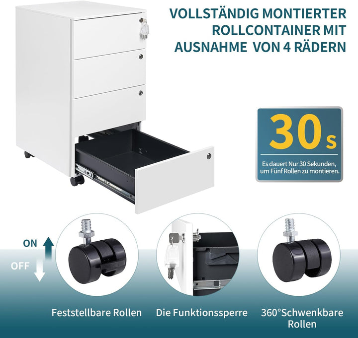 LVSTEEL Rollcontainer mit Schubladen, Mobiler Aktenschrank unter Schreibtisch, Abschliessbarer Büros