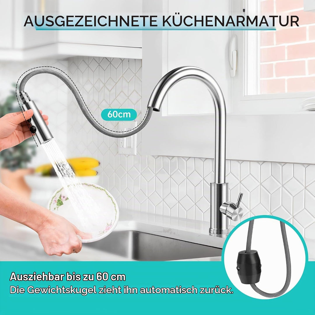 Wasserhahn Küche mit Brause 2 Modi, Armatur Hochdruck Küchenarmatur Schwarz, 360° Schwenkbar Spültis