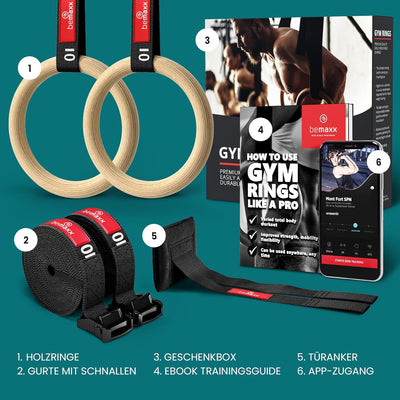 BeMaxx Turnringe Holz Gym Rings + Türanker & Trainings-eBook – Olympische Gymnastik Holzturnringe &