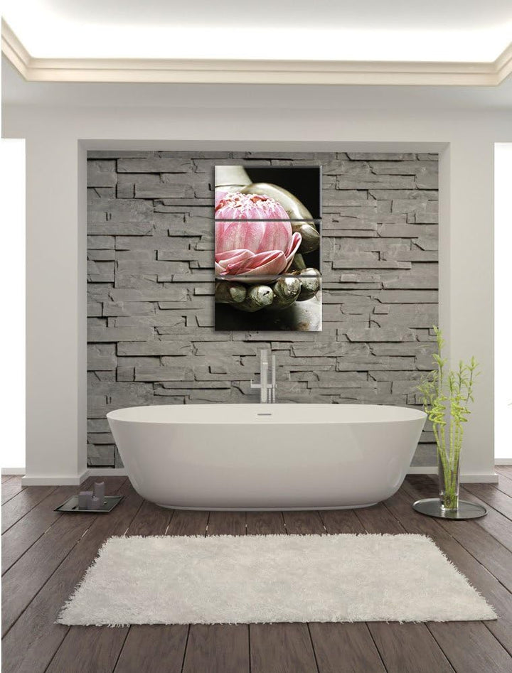 Pixxprint Lotus auf der Hand eines Buddhas als Leinwandbild | Grösse: 3 Teilig (120x80) | Wandbild|