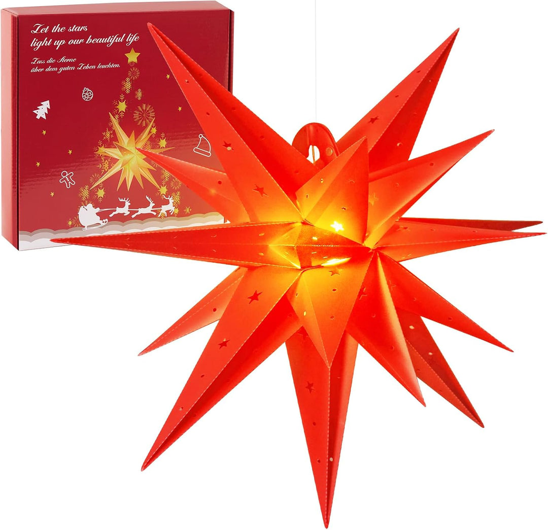 SUNBEAUTY Weihnachtsstern Beleuchtet Batterie mit Timer, 58CM Hängend Weihnachtsdeko Aussen Led Ster