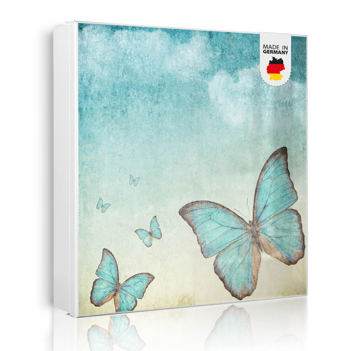 banjado® Grosser Schlüsselkasten Glas/Schlüsselbox 30cm x 30cm mit 50 Haken - Motiv Blaue Schmetterl