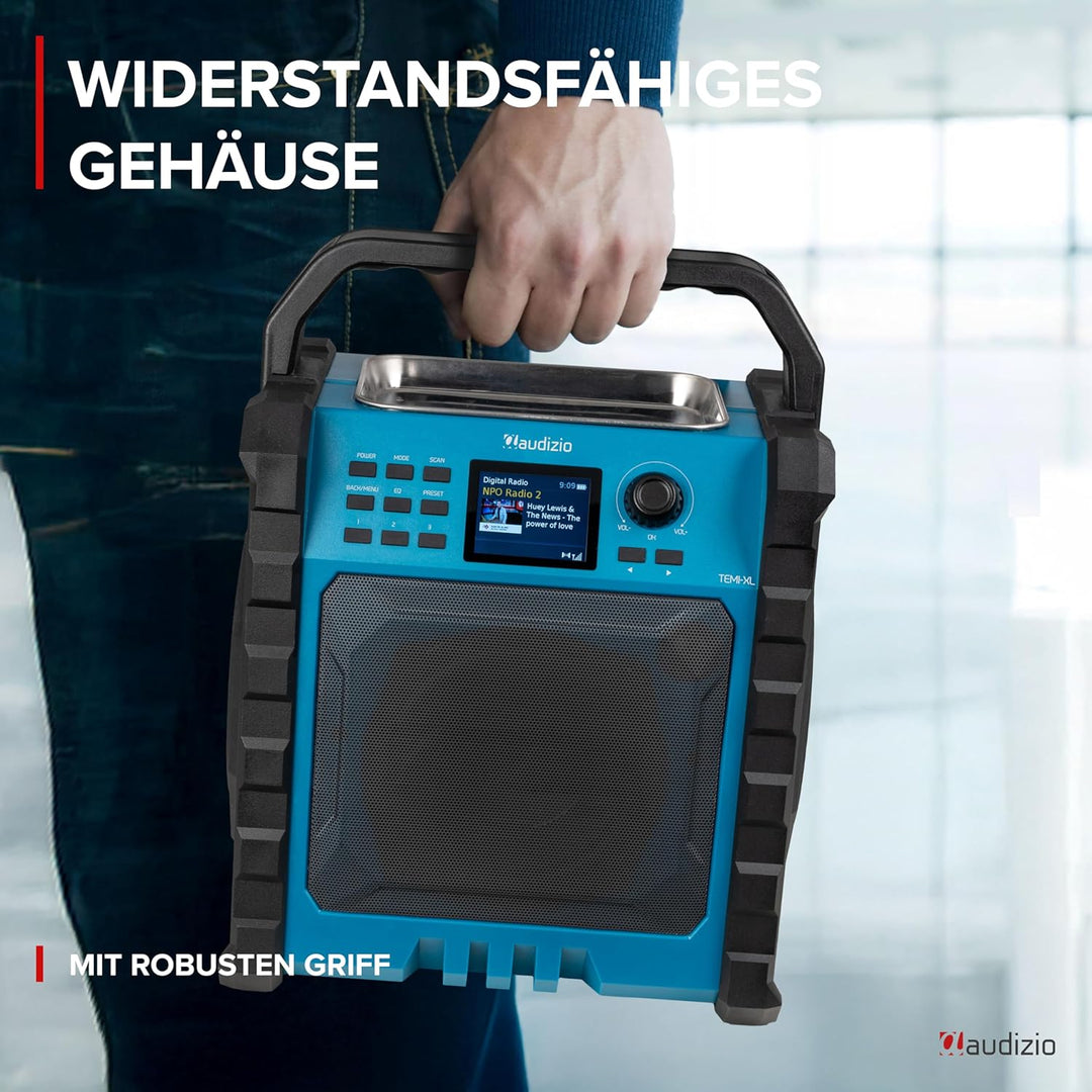 Audizio Jobsite XL - Baustellenradio DAB Plus Radio mit Bluetooth 5.0, Akku 15h, 200 Watt, IP54 Wass