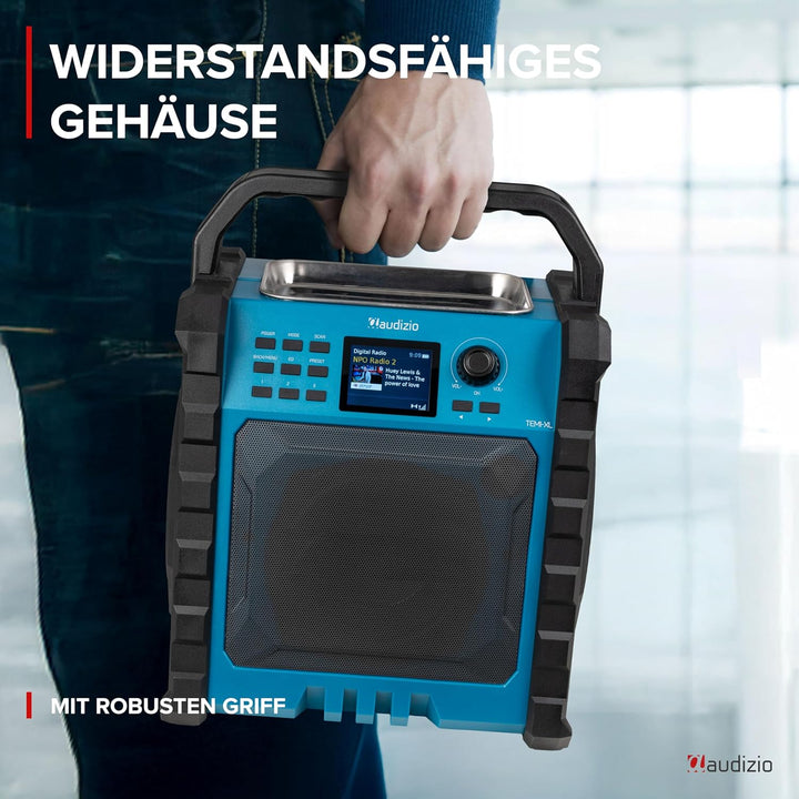 Audizio Jobsite XL - Baustellenradio DAB Plus Radio mit Bluetooth 5.0, Akku 15h, 200 Watt, IP54 Wass