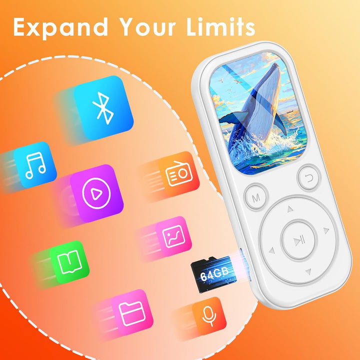 Gueray MP3 Player Bluetooth mit 64GB MP3 Players für hörbücher geeignet Unterstützt FM-Radio Rekorde