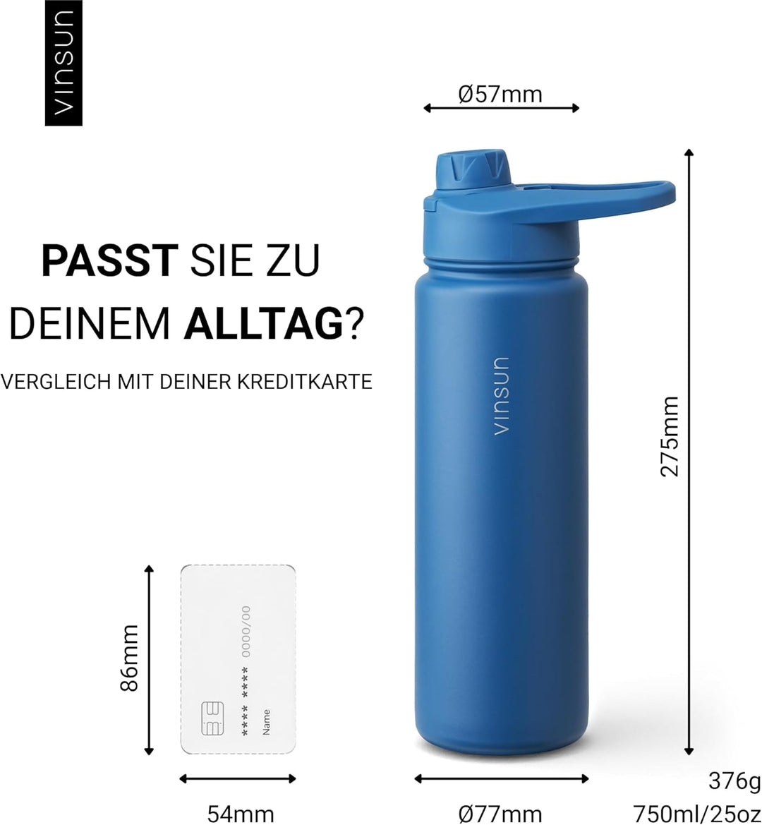 Vinsun Trinkflasche Edelstahl azurblau 750ml - auslaufsicher, Kohlensäure geeignet, BPA frei - Stroh