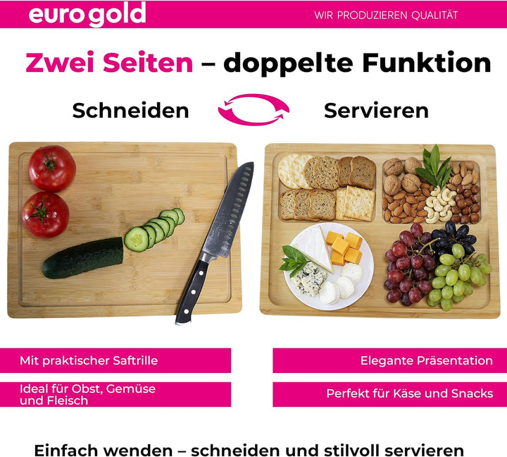 EUROGOLD Bambus Schneidebrett &amp; Servierbrett mit Auffangschalen