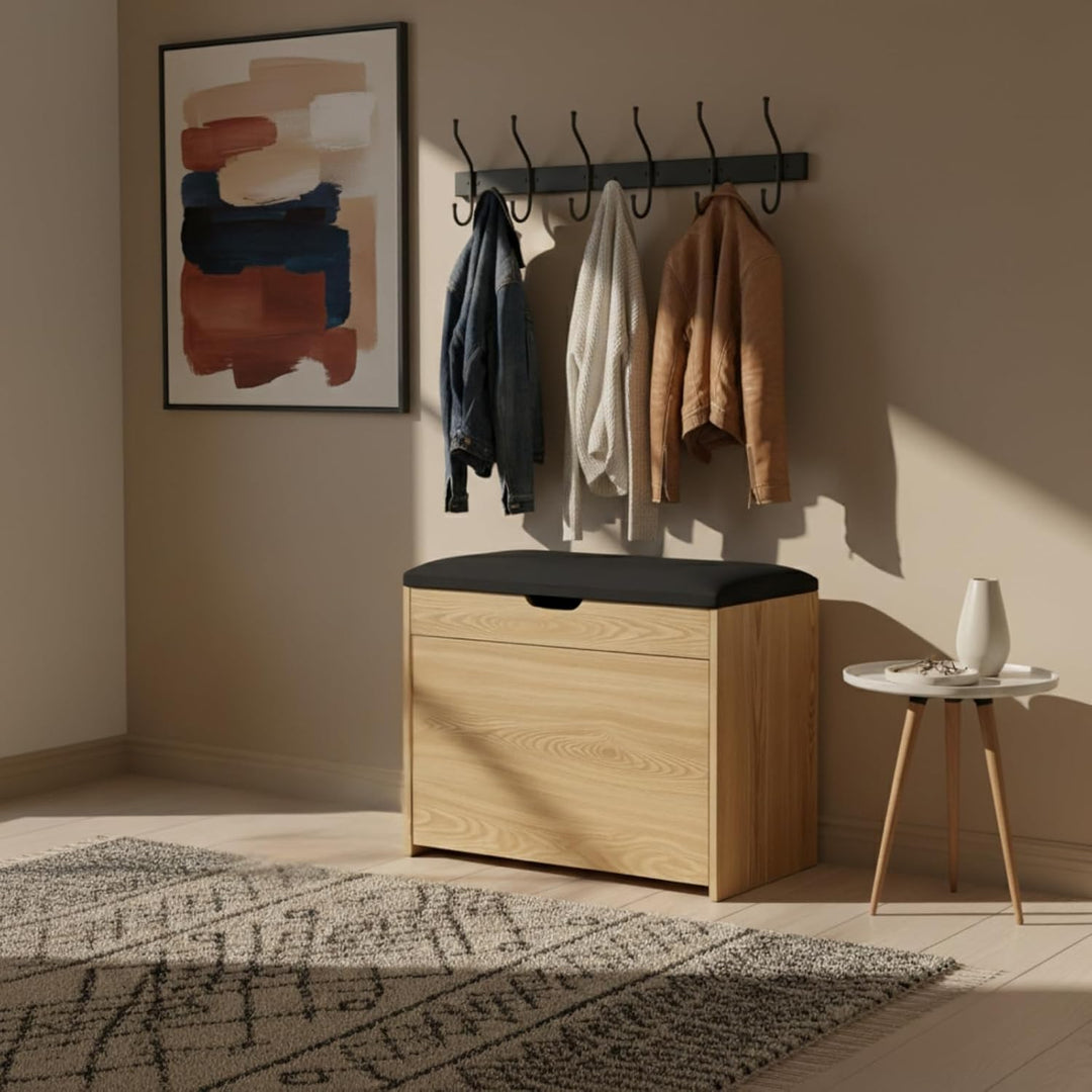 EDAXO MDF Schuhschrank mit Sitzbank und ausziehbaren Regalen, Polyester Polsterung, 57 x 30 x 53 cm,