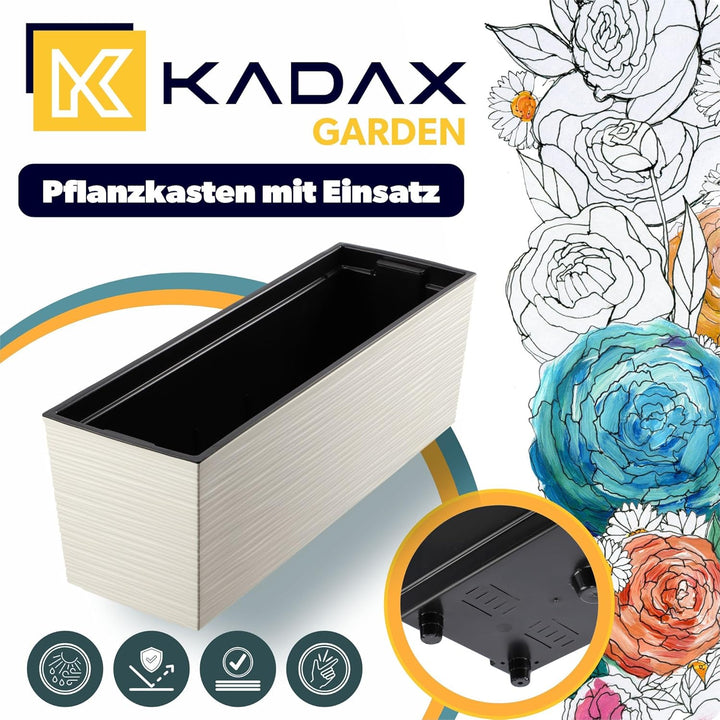 KADAX Blumenkasten 18,5x56 cm, Ritzmuster, Creme, mit Einsatz – wetterfester rechteckiger Pflanzkast