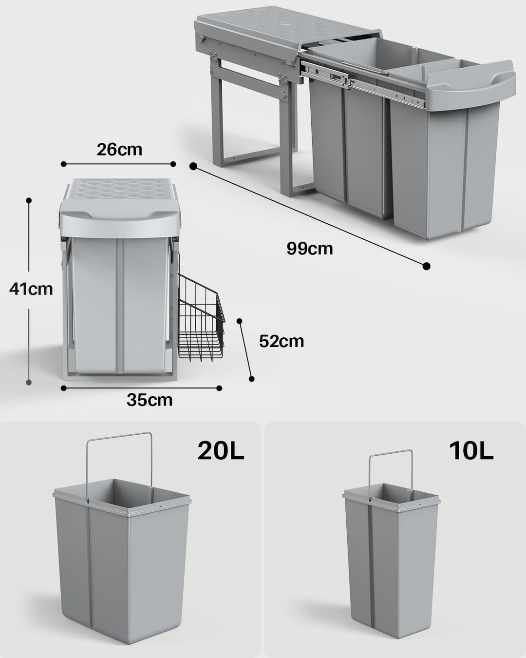 lovewind Abfallsammler Tandem 10L+20L, Mülltrennsystem Unterschrank mit kugelgelagerten Teleskopschi
