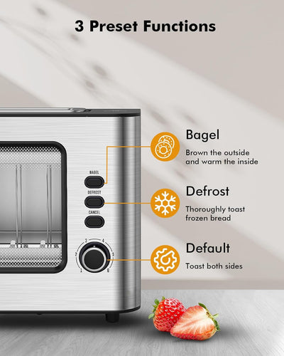 LONGDEEM 2 Slice Toaster 1.75" Extra Wide Slots, See-Through Window 6-Shade Settings & Reheat/Defros