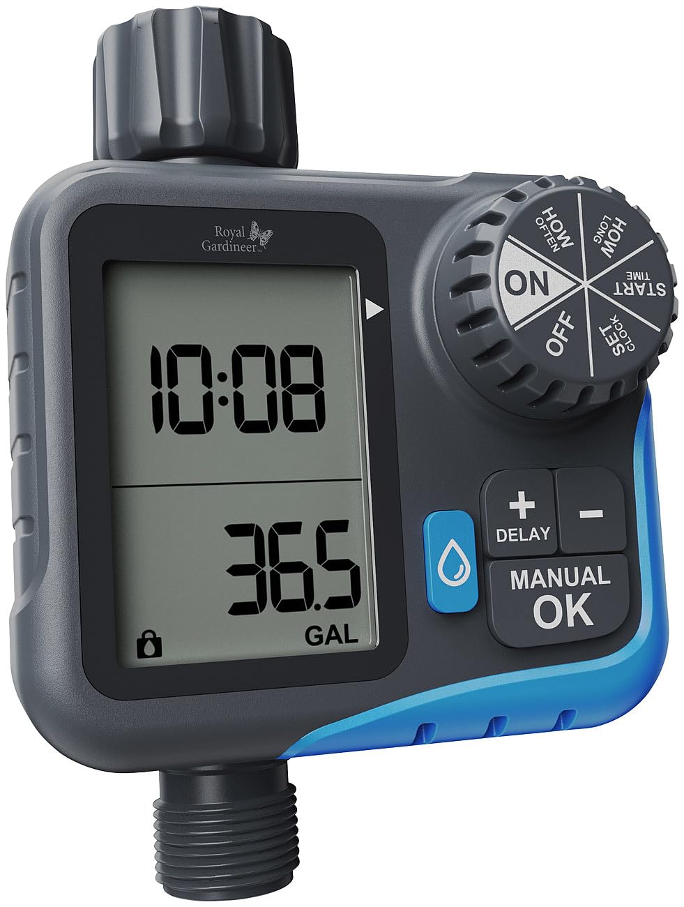 Royal Gardineer Garten Bewässerungsuhr: Digitaler 2in1-Bewässerungscomputer und -Wasserzähler, 3/4"-
