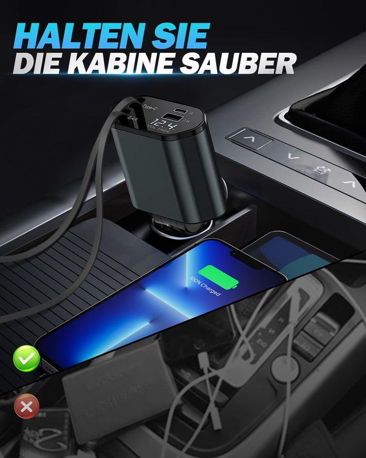 4 in 1 Zigarettenanzünder USB C 66W, Auto Ladegerät Adapter Kfz mit einziehbare Typ-C Kabel/USB C/US