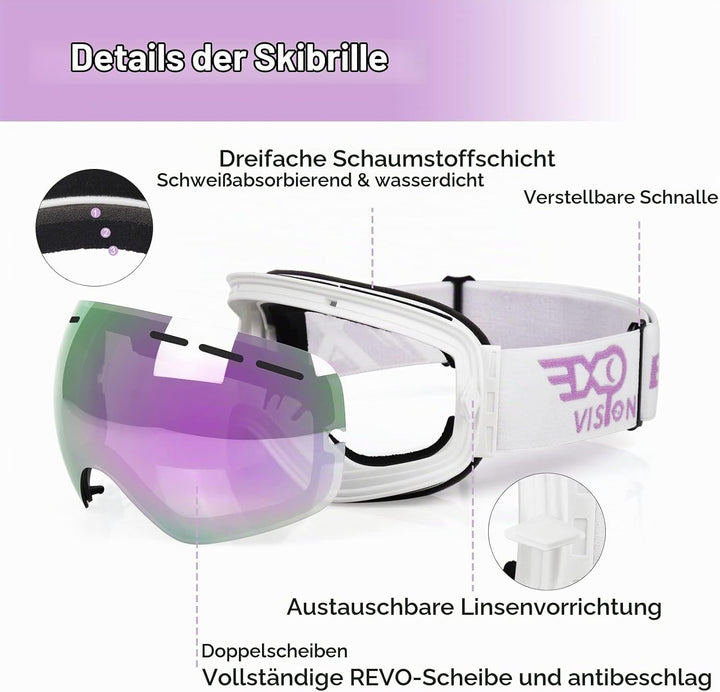 EXP VISION Snowboard Skibrille für Herren Damen Jugend, 100% UV400 Schutz Anti Beschlag über der Bri