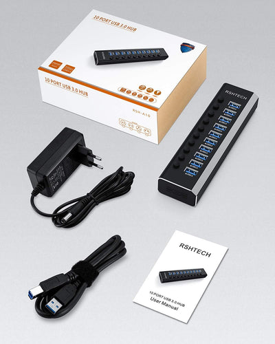 RSHTECH USB Hub Aktiv 3.0 mit 36W (12V / 3A) Netzteil, Aluminium 10 Ports Hub zum Laden und zur Date