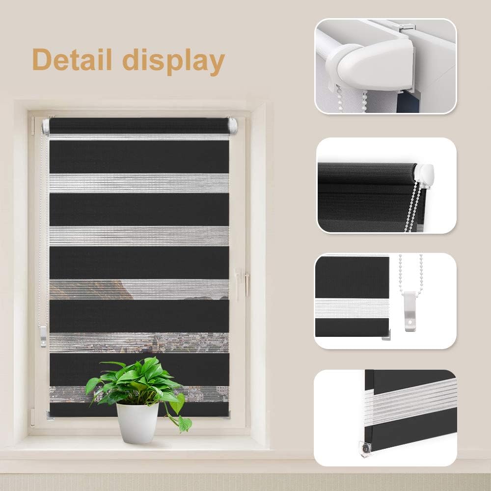 OBdeco Doppelrollo Duo Rollo Klemmfix ohne Bohren B95cm x H150cm(Stoffbreite 91 cm) Schwarz für Fens