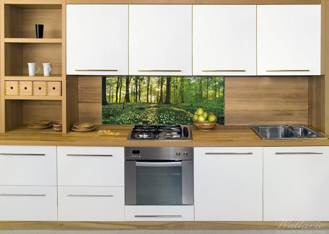 Wallario Küchen-Rückwand | Küchenspiegel Waldanemonen und Sonnenstrahlen im Wald in Premium-Qualität