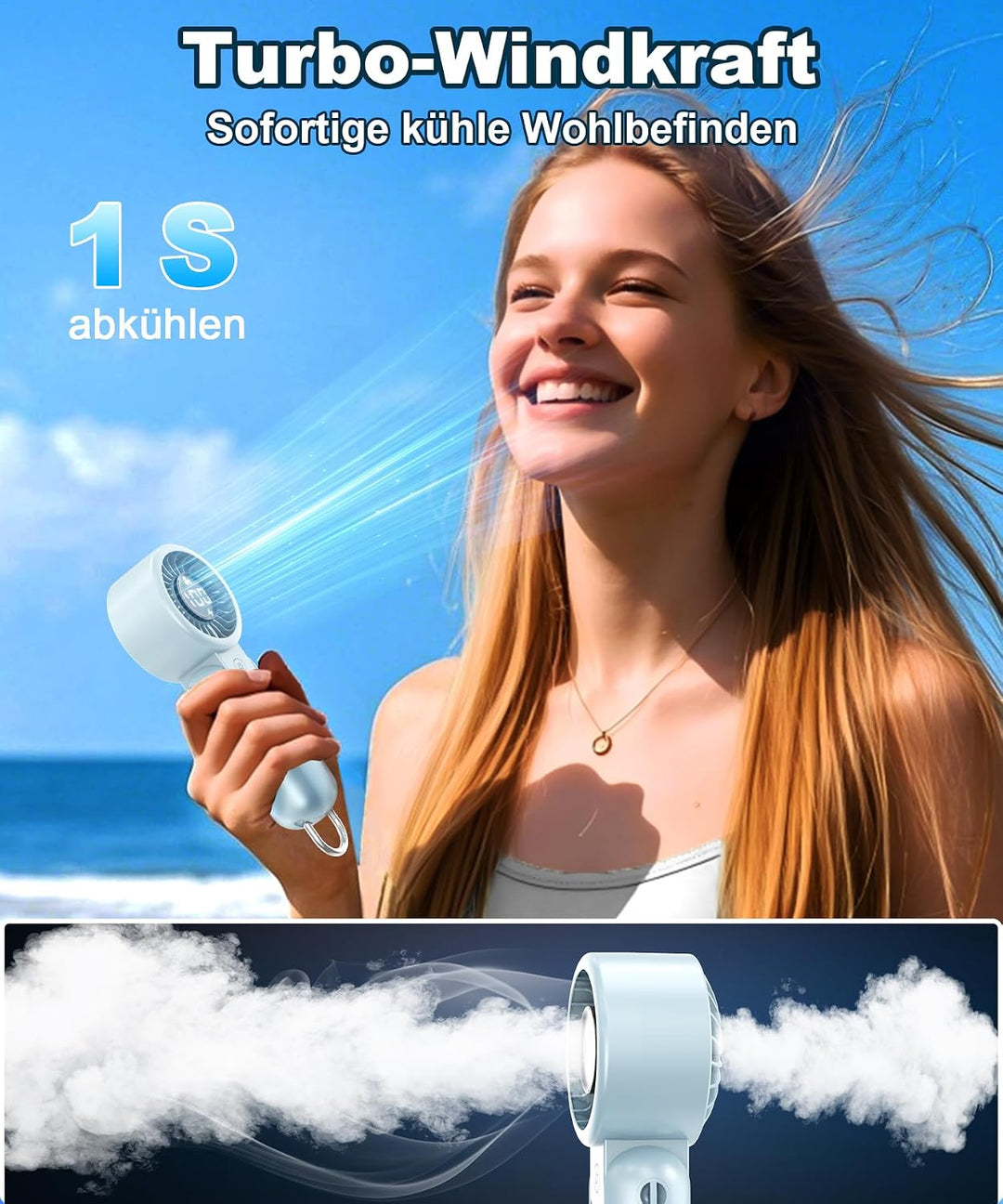 Handventilator mit LED-Anzeige, Mini Ventilator Tragbar Akku Wiederaufladbar, Faltbar USB Tischventi