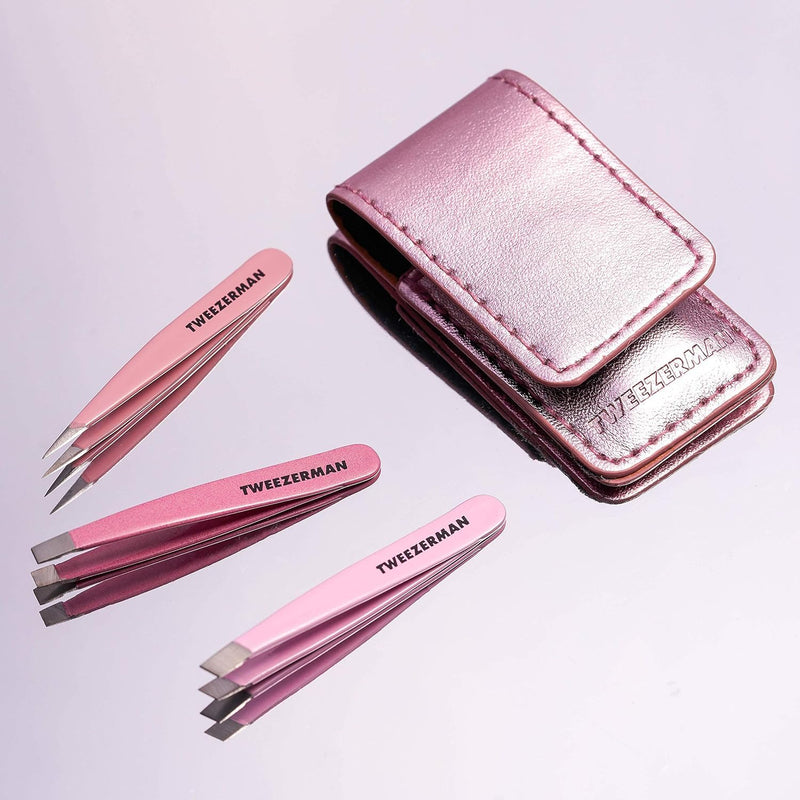 TWEEZERMAN Mini Pinzetten Set, 3 teilig zum Augenbrauenzupfen für Reise und Unterwegs, Pink