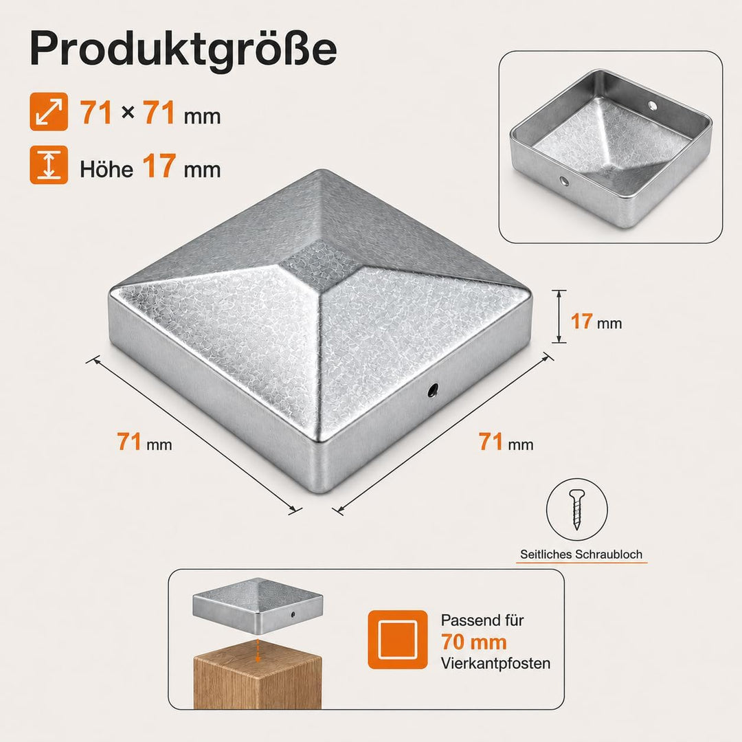 10 Stück Pfostenkappen 7 × 7cm mit 20 Schrauben | Verzinkte Metall Pfostenabdeckung in Pyramidenform