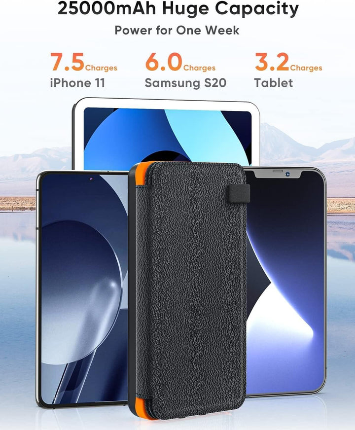 Hiluckey Solar Powerbank 25000mAh mit 4 Solarpanels, 3A Schnelles Aufladen USB C Tragbares Solar Lad