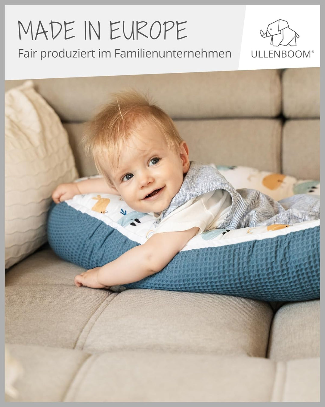 ULLENBOOM ® Babynest & Kuschelnest (55x95 cm) Blau-Wale (Made in EU) - Baby Nestchen aus Baumwolle,