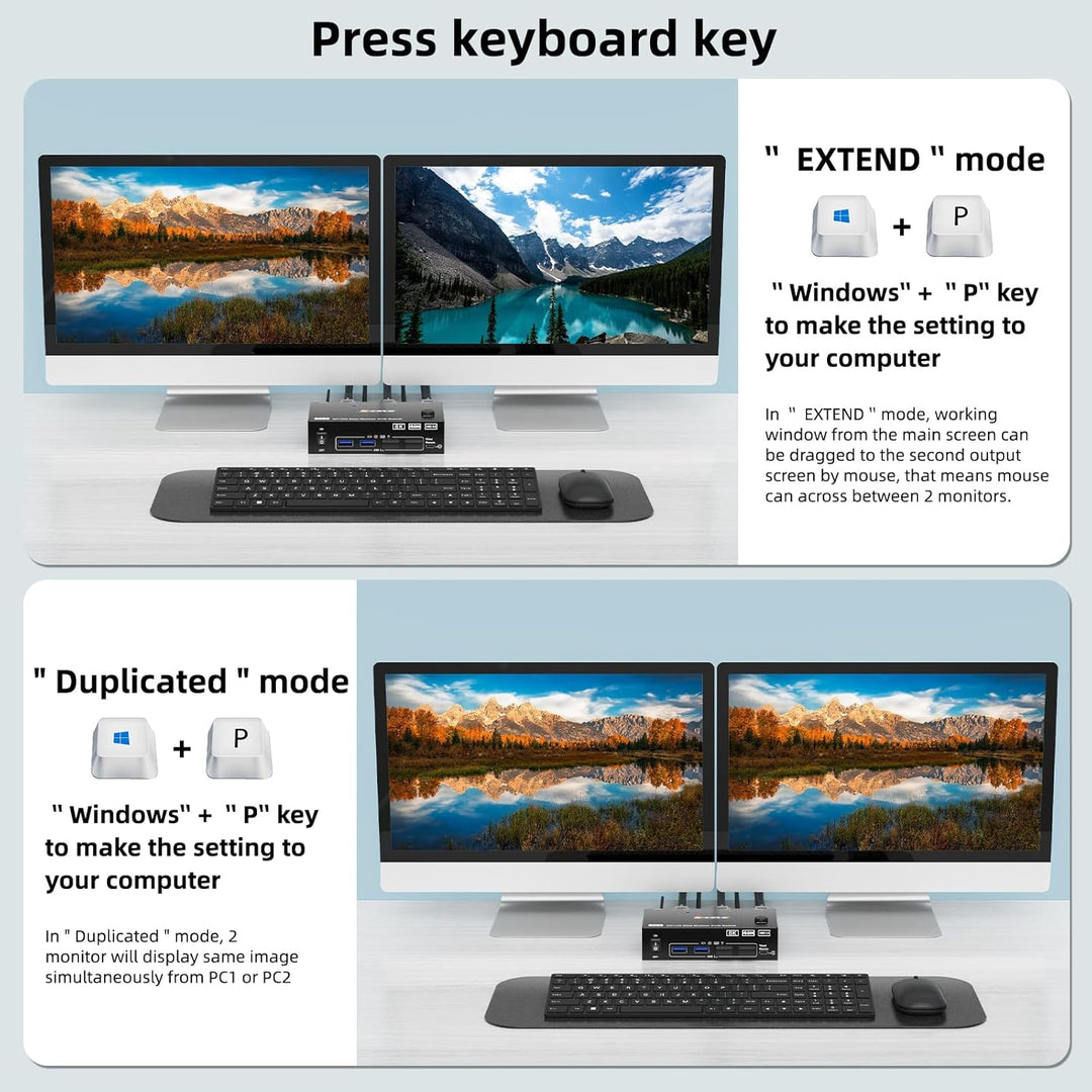 KVM Switch 2 PC 2 Monitore 8K, Displayport + HDMI USB 3.0 KVM Umschalter für zwei Monitore, Unterstü