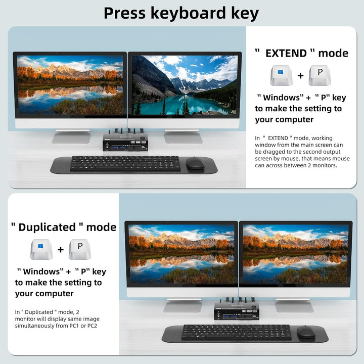KVM Switch 2 PC 2 Monitore 8K, Displayport + HDMI USB 3.0 KVM Umschalter für zwei Monitore, Unterstü