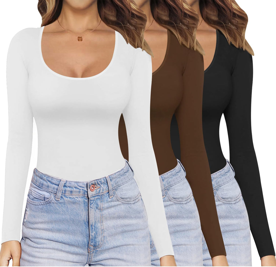 Ekouaer Damen-Langarm-Shirt, U-Ausschnitt, Stretch, enganliegend, leicht, Basic, Thermo-T-Shirt, Grö