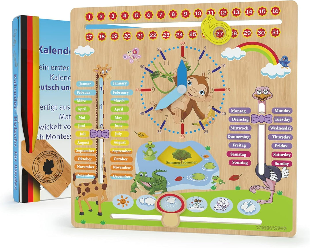 WoodyWood® Kalenderuhr für Kinder - Lernuhr aus Holz, zweisprachig, 30 X 30 cm - Montessori Jahresuh