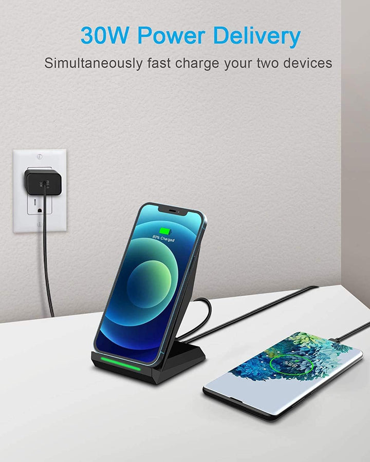NANAMI Wireless Charger mit 30W USB-C Ladegerät - 2 in 1 Induktive Ladeständer mit Anschluss, Qi Kab