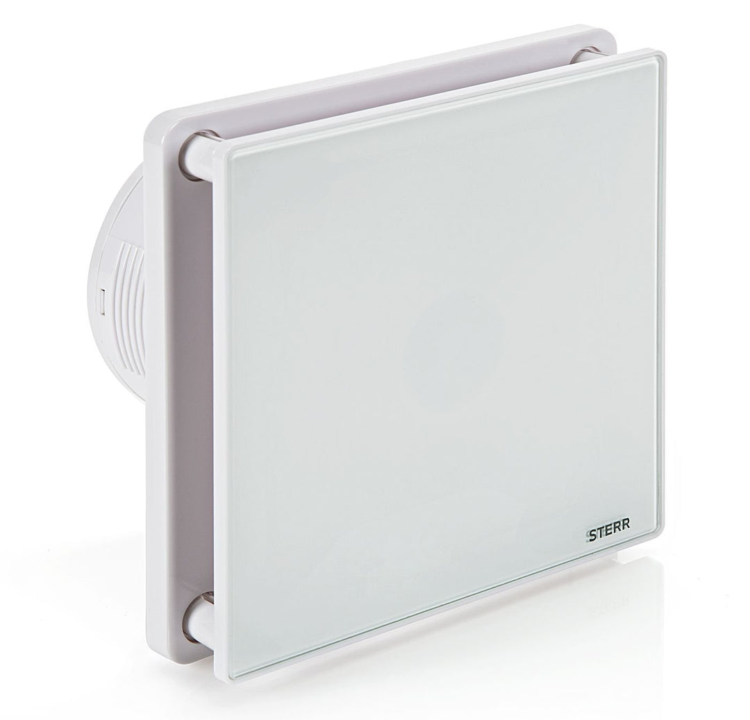 STERR Weisser Badlüfter 100 mm mit HYGROSTAT - Badezimmerventilator - Glasfront - Modernes Aussehen