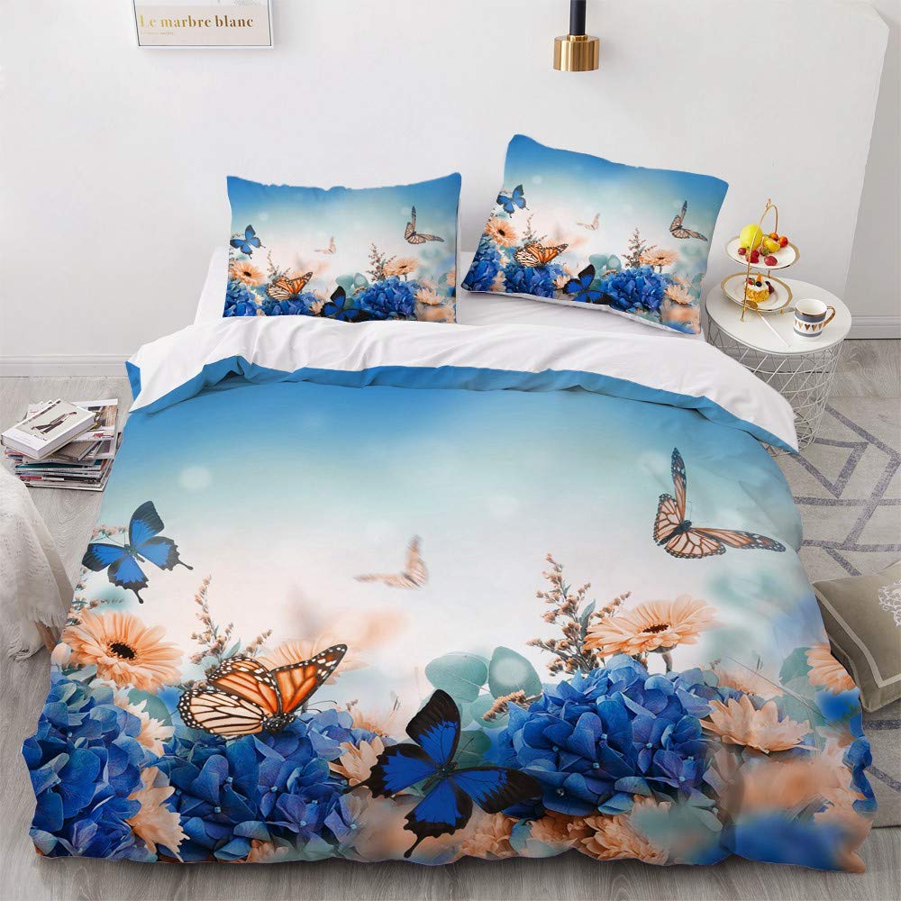 Luowei Bettwäsche 135x200cm Blau Blumen&amp;Schmetterling Bettbezug Set 2 Teilig Weiche Microfaser Vinta