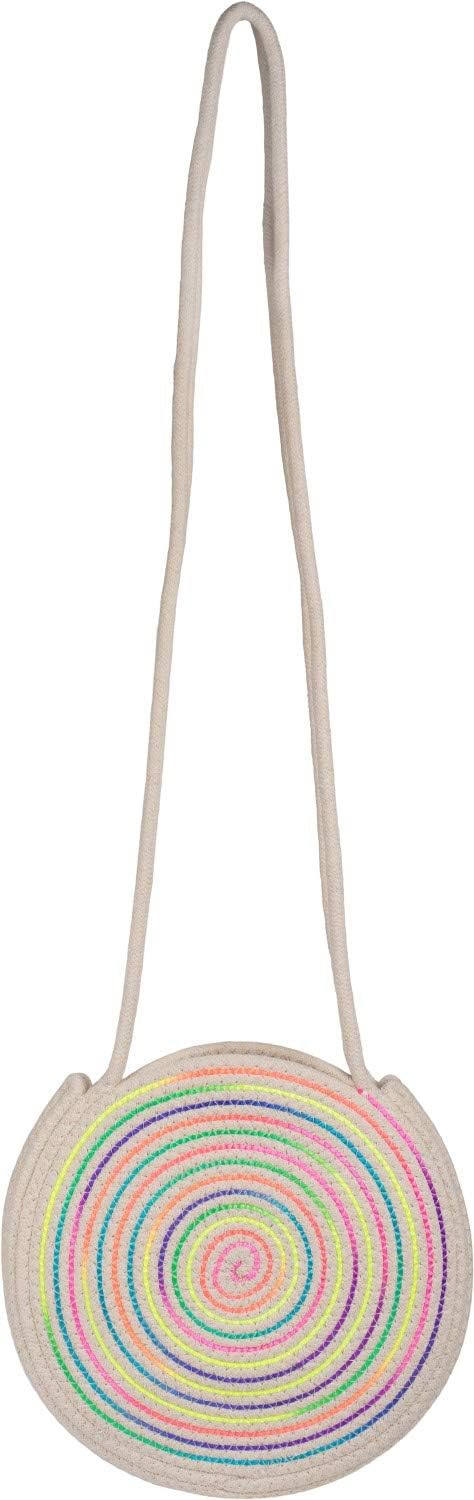 styleBREAKER Damen Runde Bali Bag Umhängetasche mit buntem Neonfaden und geflochtenem Taschengurt, H