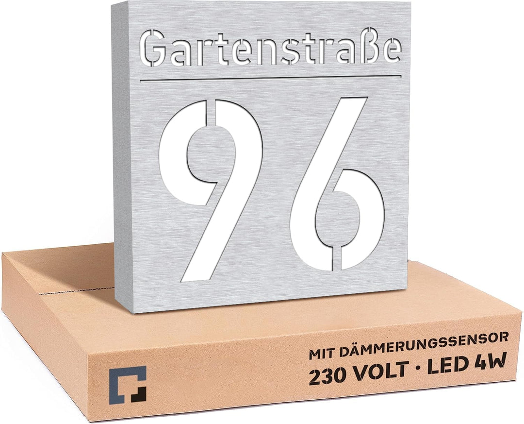 30x30cm Personalisieren Sie Ihre Modern Hausnummer Beleuchtet LED, 230V mit Dämmerungssensor, Hausnu