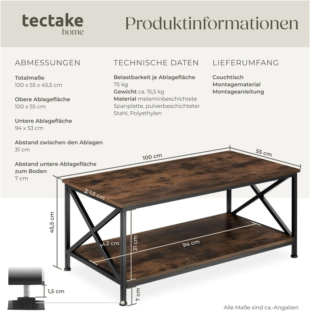 tectake® Couchtisch Holz und Metall, Wohnzimmertisch 100 x 55 x 45,5 cm, Couchtisch mit Stauraum Sof