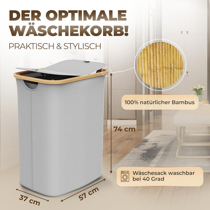 Wäschekorb 2 Fächer mit Deckel 150 Liter Bambus-Stoff Hell Grau Gross - Wäschesortierer Wäschetonne