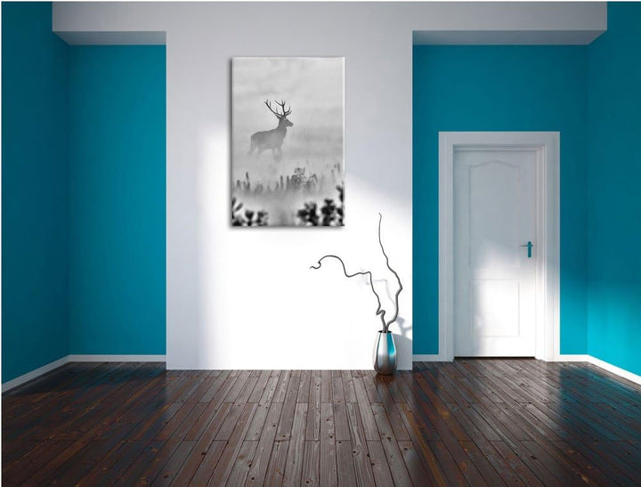 Pixxprint Monocrome, Hirsch im Nebel, Format: 100x70 auf Leinwand, 100x70