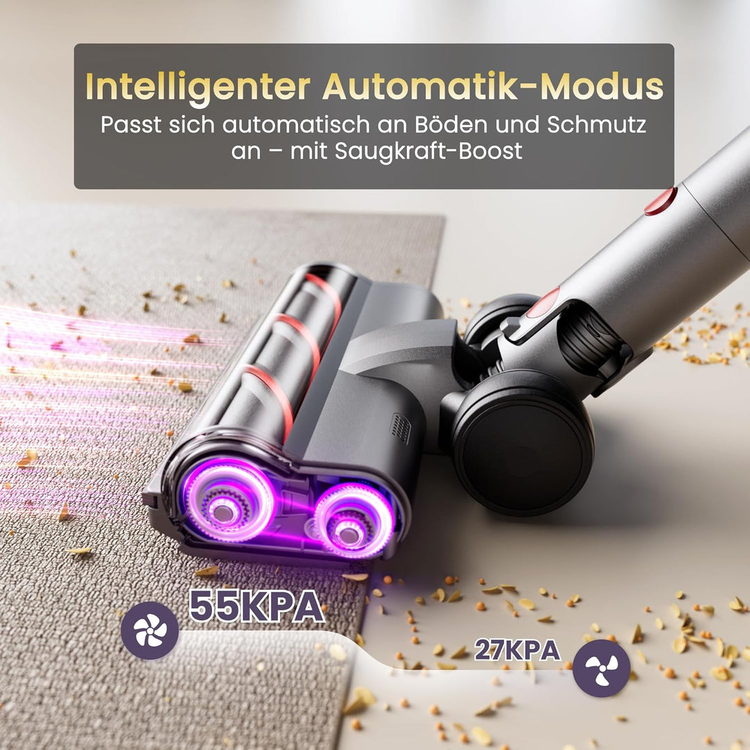 X7 Akku Staubsauger 55Kpa/600W/80Min, Staubsauger Kabellos mit LED Display, Akkustaubsauger Selbstla