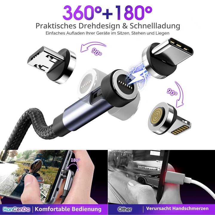 Magnetisches Ladekabel mit-Drehung, 3er-Pack [3ft/6ft/10ft], 3-in-1-Magnetladekabel, 3A-Schnellladek