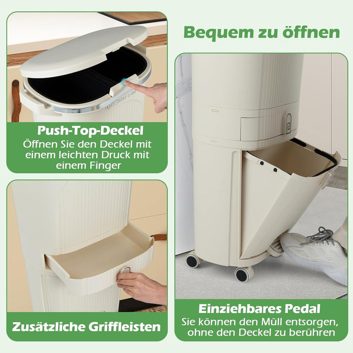 COSTWAY Mülleimer Küche, Mülltrennsystem 3 Fächer, 2 x 12L Inneneimer & 14L Treteimer, Abfalleimer m