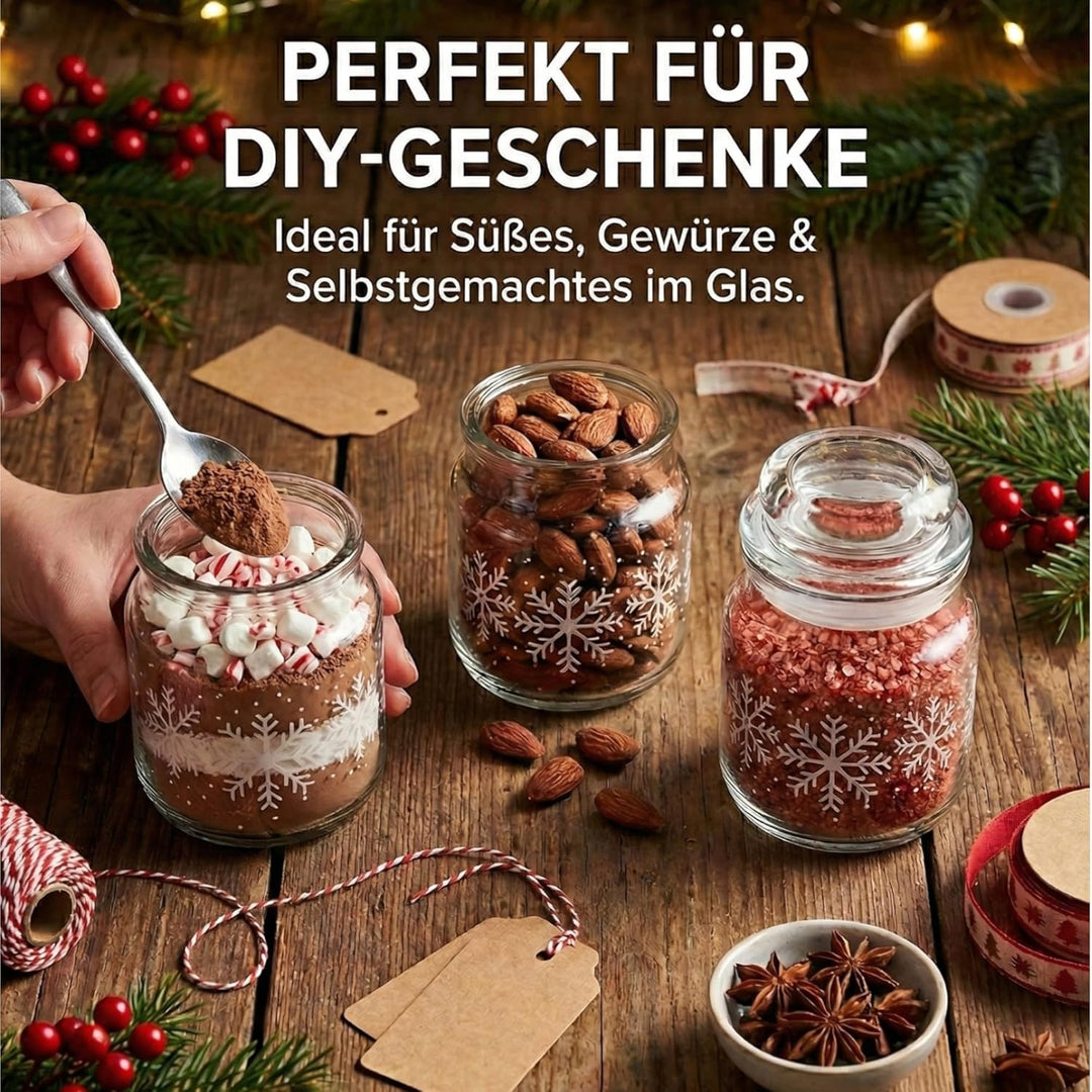 gouveo 12er Set Gläser 100 ml mit Glaskorken - Winter Schneeflocken Design - Vorratsgläser aus Klarg