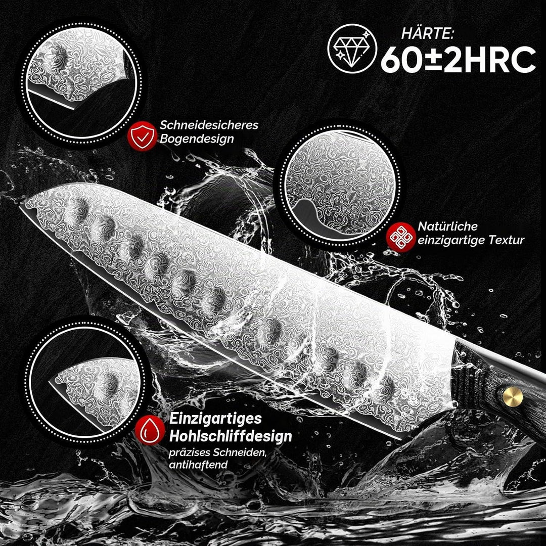 Purple Dragon Damast Santoku Messer - Küchenmesser mit VG10 Kernen und Holzgriff – Handgeschmiedetes