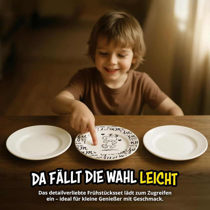 United Labels Snoopy Frühstücksset Kinder, Snoopy yumm, Geschirr Set Porzellan, 3-teilig mit Teller,